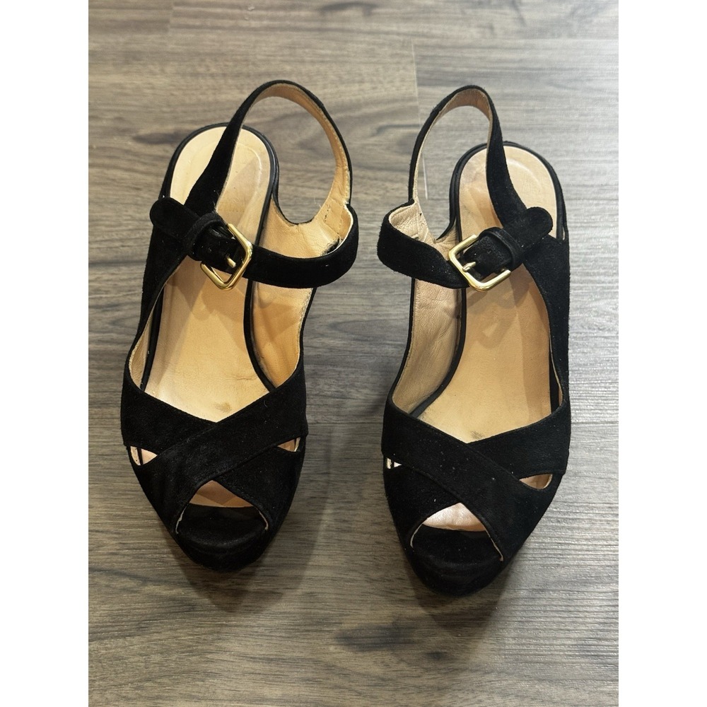 Stuart Weitzman Platform Wedges 5.5 Black Suede Y2K Peep Toe Chic Euro Summer - Picture 8 of 8